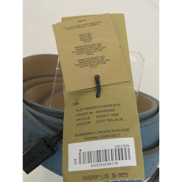 BURBERRY THOMAS 25 DUSTY BLUE GRAIN LEATHER LOGO WOMEN'S GOLD BUCKLE BELT 80 32 - Picture 12 of 12